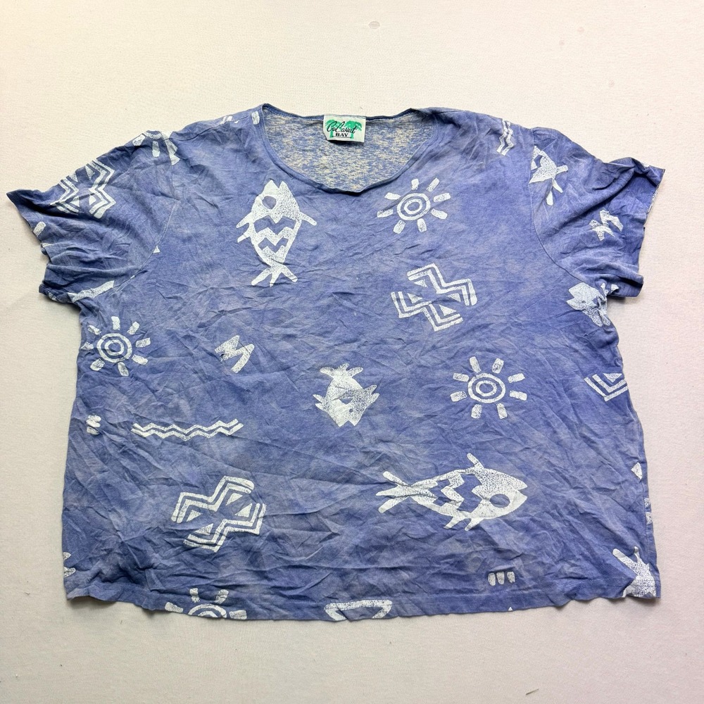 Coconut Bay Graphic T-Shirt Womens 2X Blue Excellent Vintage Tribal Fish USA